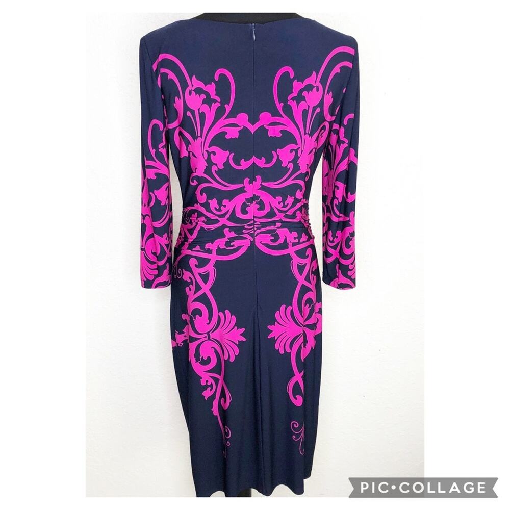 David Meister navy blue pink floral scroll v neck midi dress size 8 - Picture 16 of 16